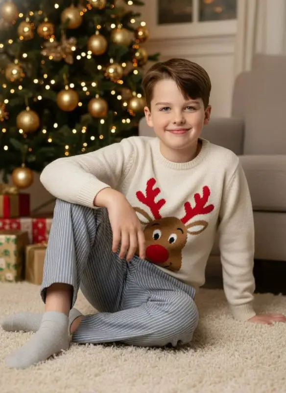 Young Boy in Festive Reindeer Sweater Sitting by Christmas Tree