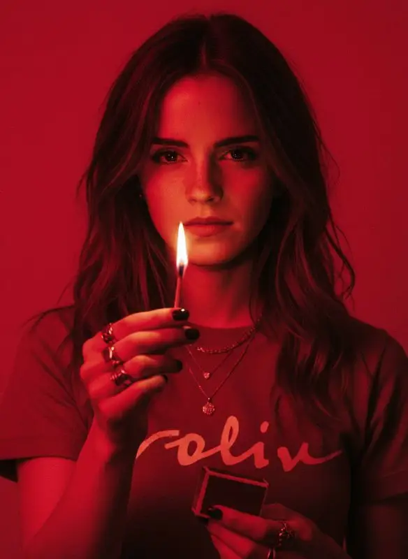 Cinematic Portrait of Young Woman Holding a Lit Match in Red Light