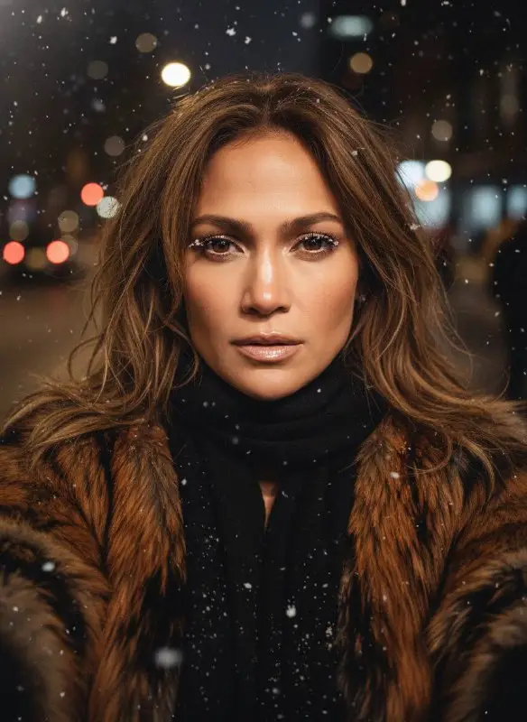 Close-up portrait of woman in fur coat during winter snowfall
