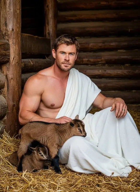 Muscular man in white toga sitting with baby goats in barn