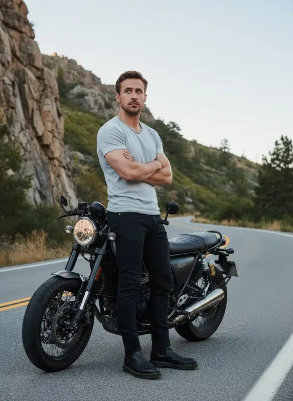 Man with arms crossed standing next to motorcycle on mountain road