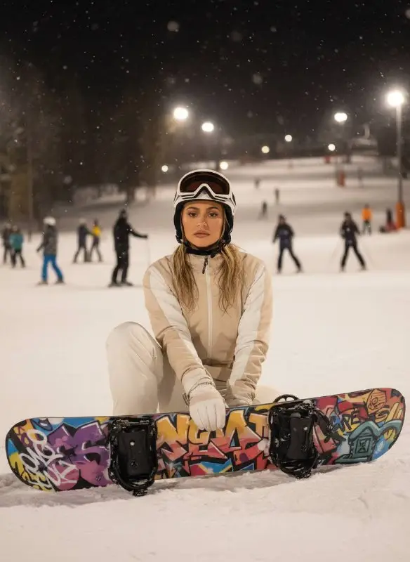 Woman kneeling with colorful snowboard on night ski slope