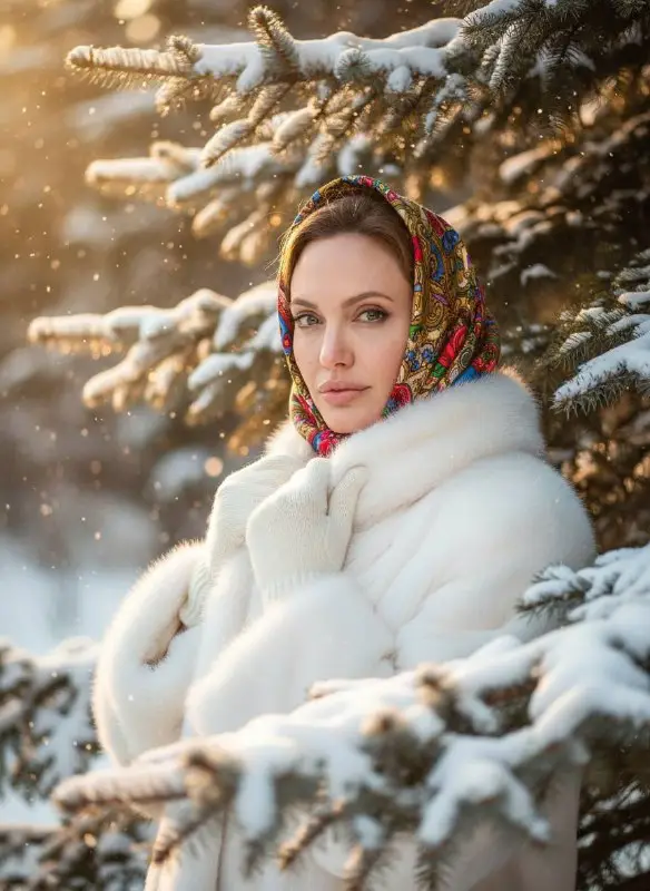 Elegant Woman in White Fur Coat and Traditional Scarf in Snow