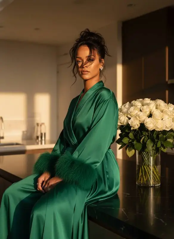 Elegant Woman in Emerald Green Silk Robe with White Roses