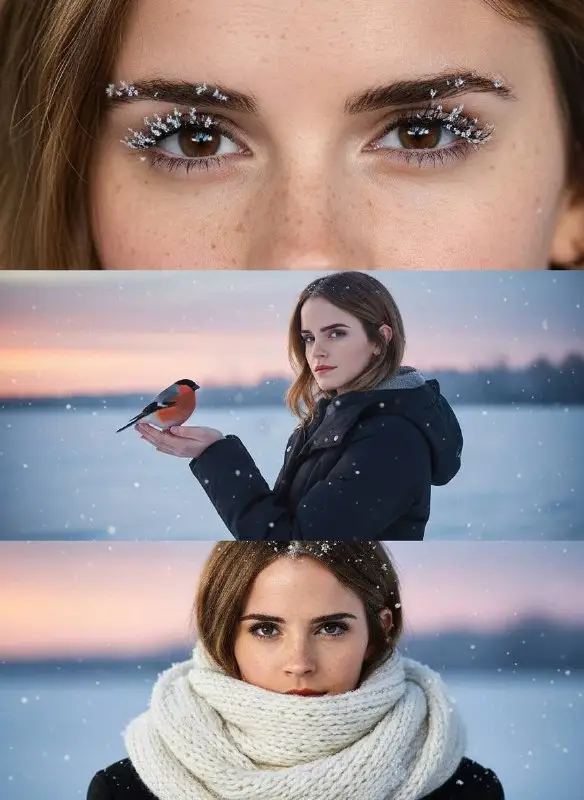 Beautiful Woman in Winter Snow Holding a Small Bird