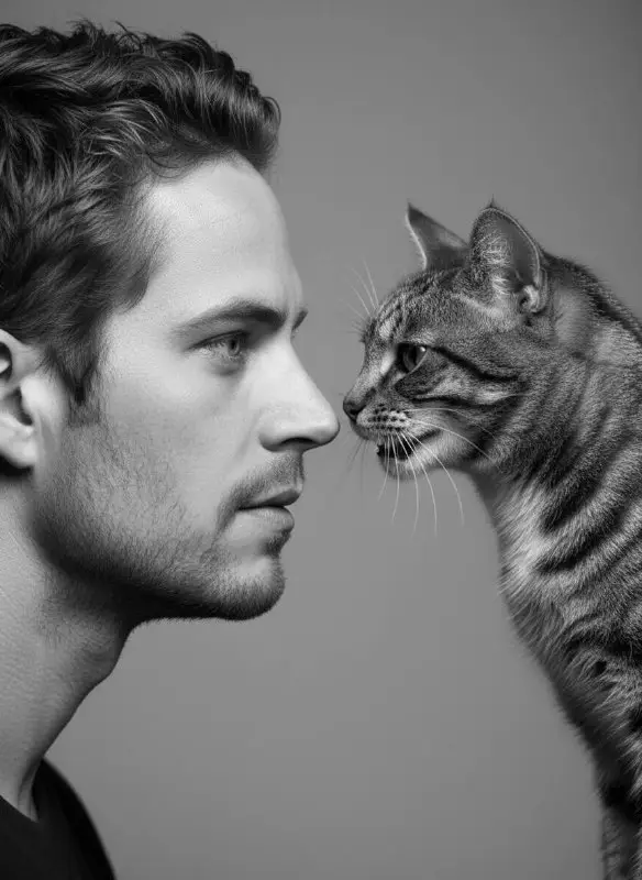 Black and White Close-Up of Man and Cat Face to Face