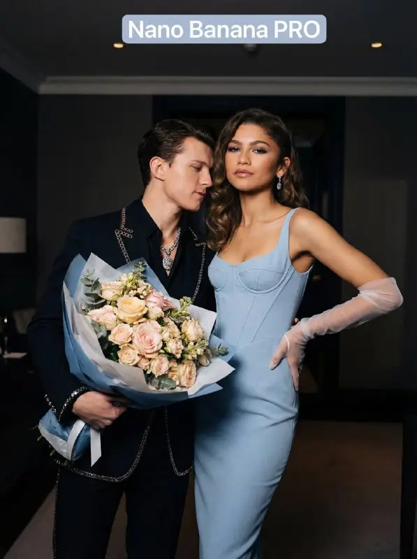 Elegant couple in formal wear with a large rose bouquet