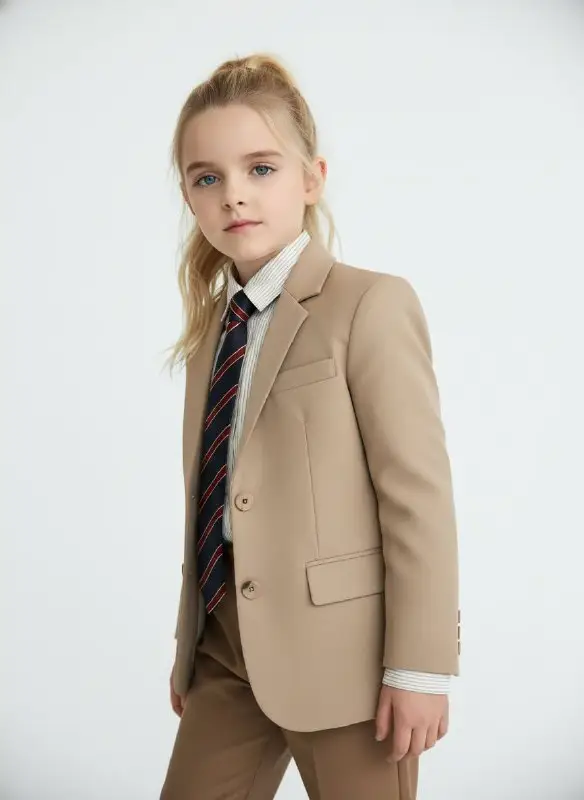 Young girl in a tan suit and striped necktie