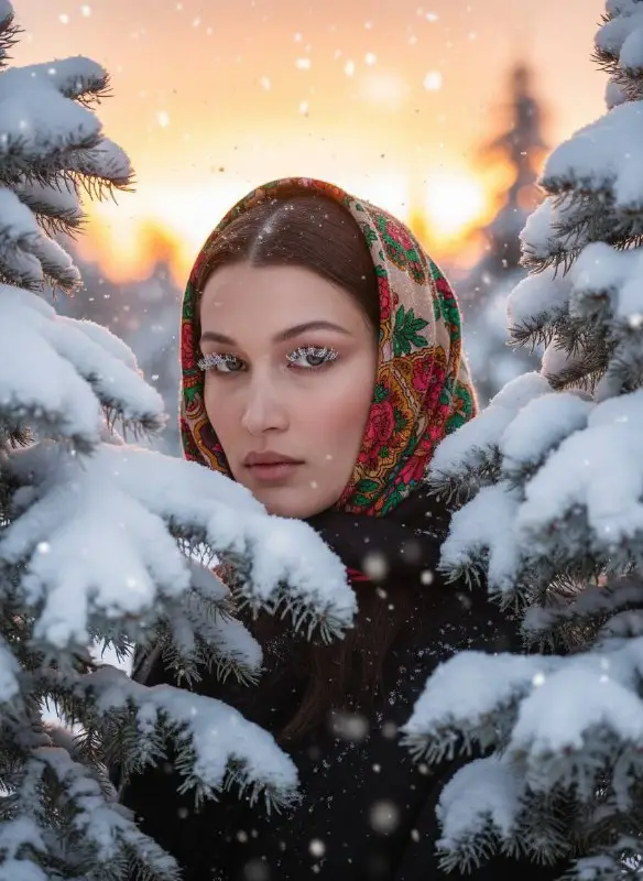 Portrait of woman with frosted eyelashes in snowy winter forest