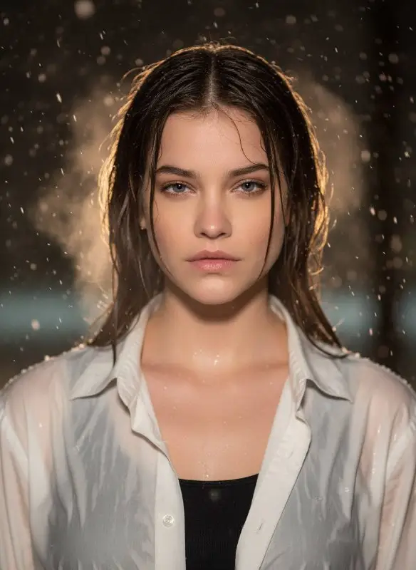 Moody cinematic portrait of a wet woman in the rain