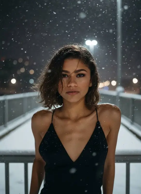 Beautiful young woman in black dress during winter snow at night