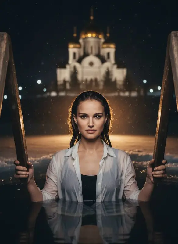 Cinematic Portrait of Woman in Water with Cathedral Background