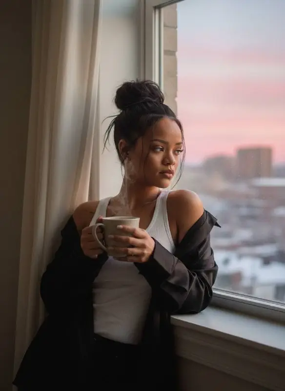Woman Looking Out Window with Hot Coffee During Winter Sunset