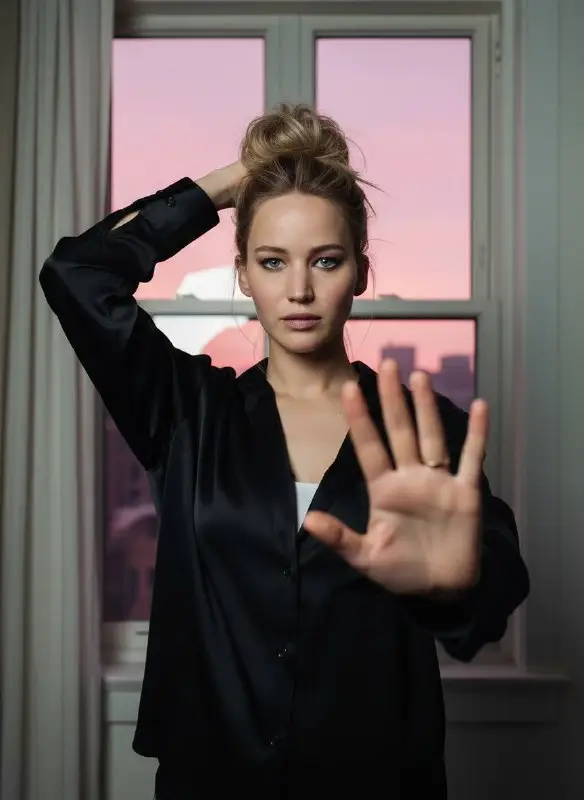 Stylish woman in black satin shirt posing during pink sunset
