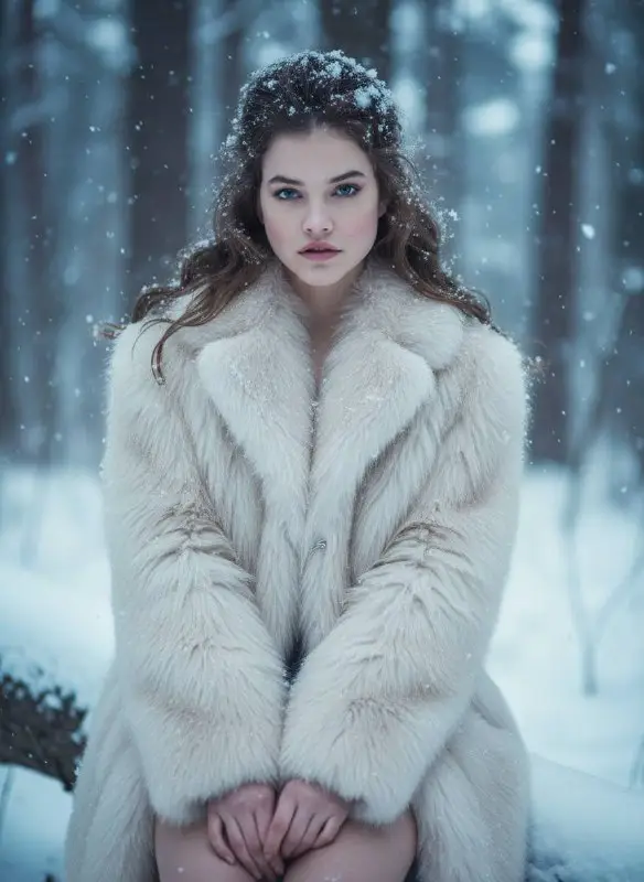 Beautiful woman in white fur coat in snowy winter forest