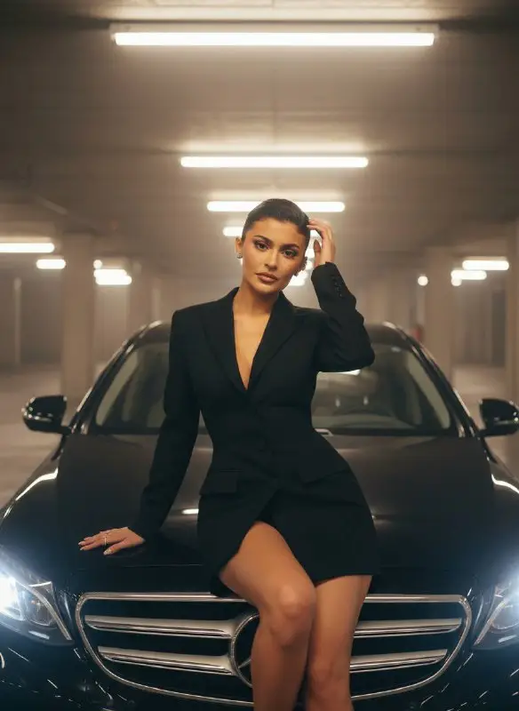 Elegant woman in black blazer dress on luxury car hood