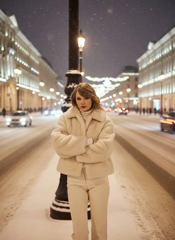Beautiful woman in white teddy coat on snowy city street