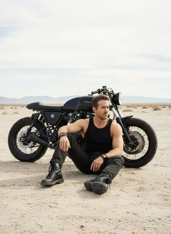 Rugged Man Sitting Next to Black Motorcycle in Desert