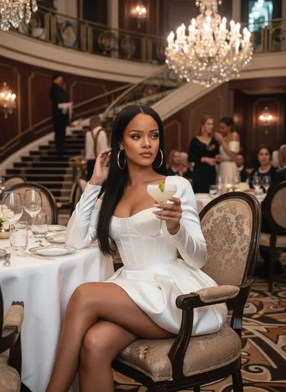 Elegant woman in white dress at a luxury dinner party