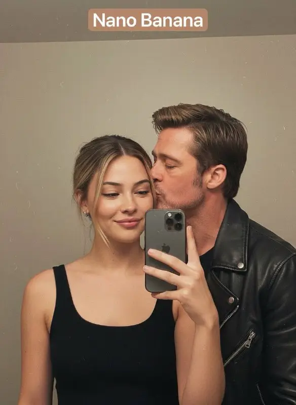 Man kissing woman’s cheek in romantic couple mirror selfie