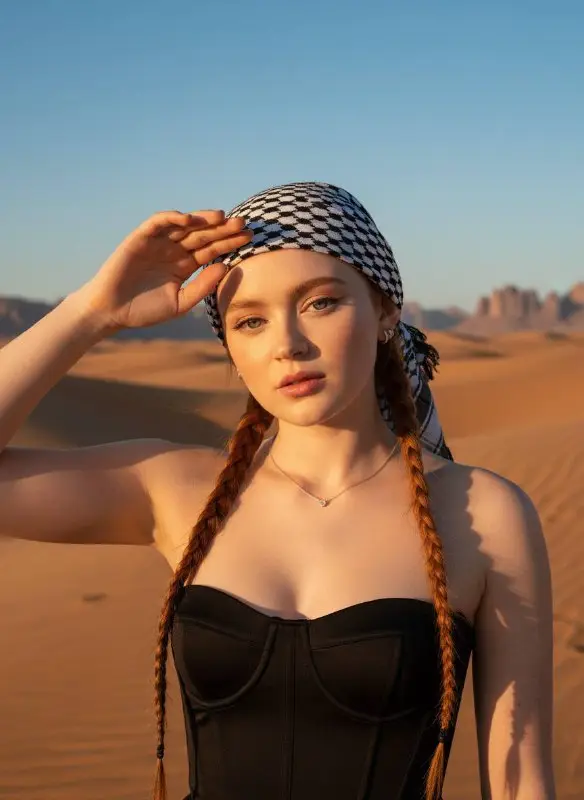 Young woman with red braids in desert wearing keffiyeh