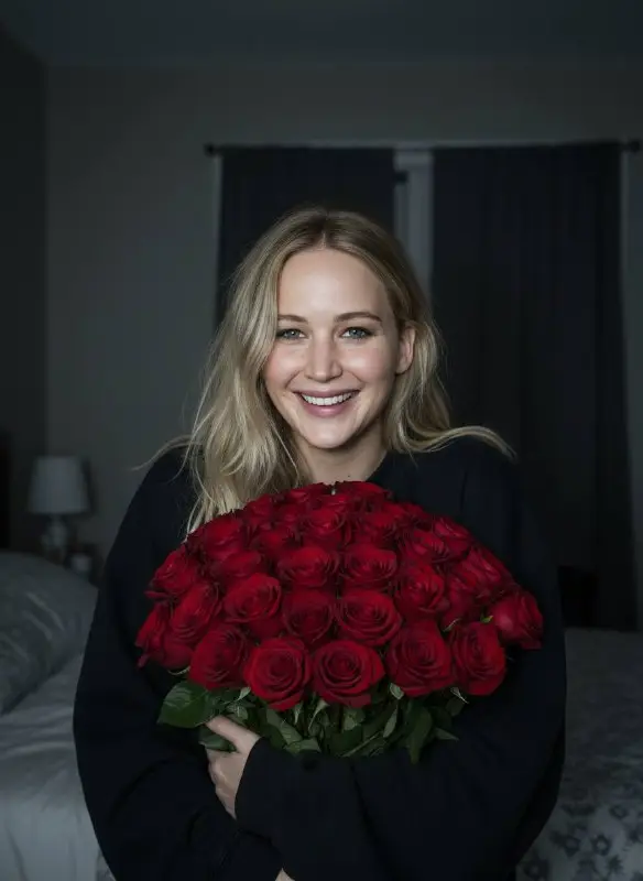 Beautiful blonde woman smiling while holding a large bouquet of red roses