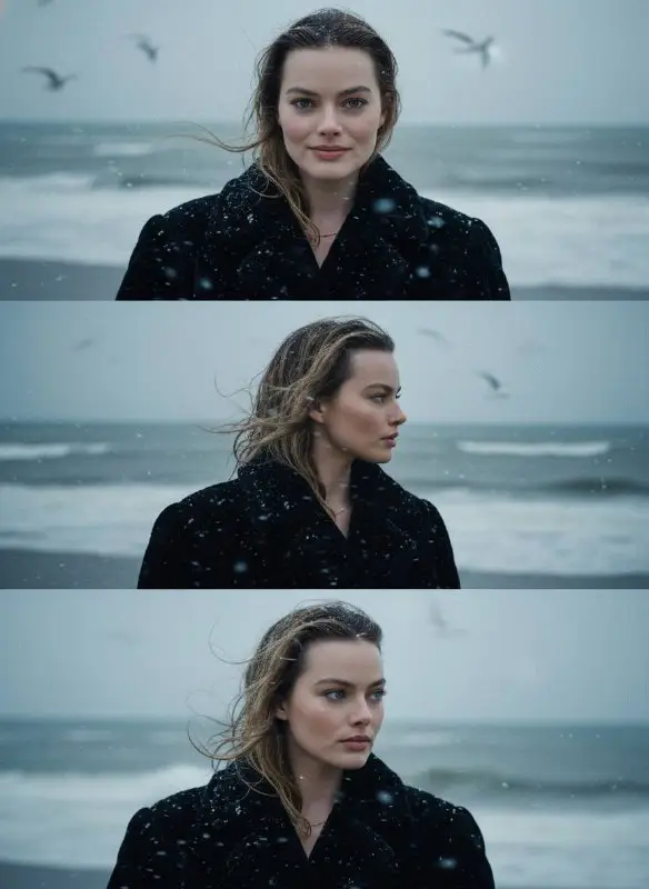 Cinematic portrait of woman on snowy winter beach