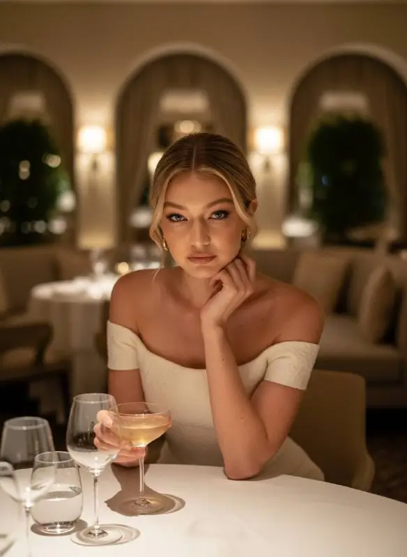 Elegant Woman Dining in Luxury Restaurant at Night