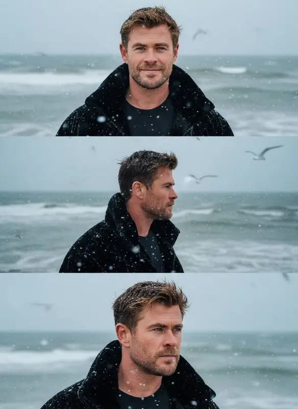 Moody Cinematic Portrait of Man on Snowy Winter Beach