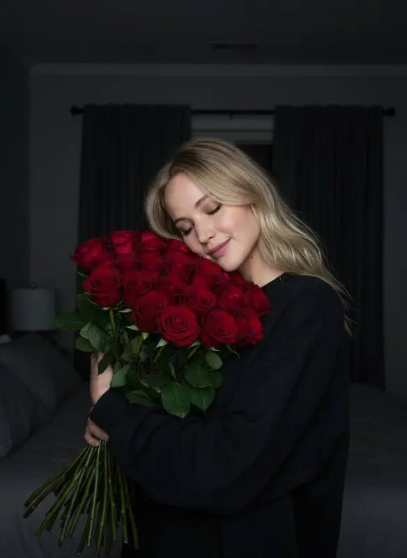 Blonde woman happily hugging large bouquet of red roses