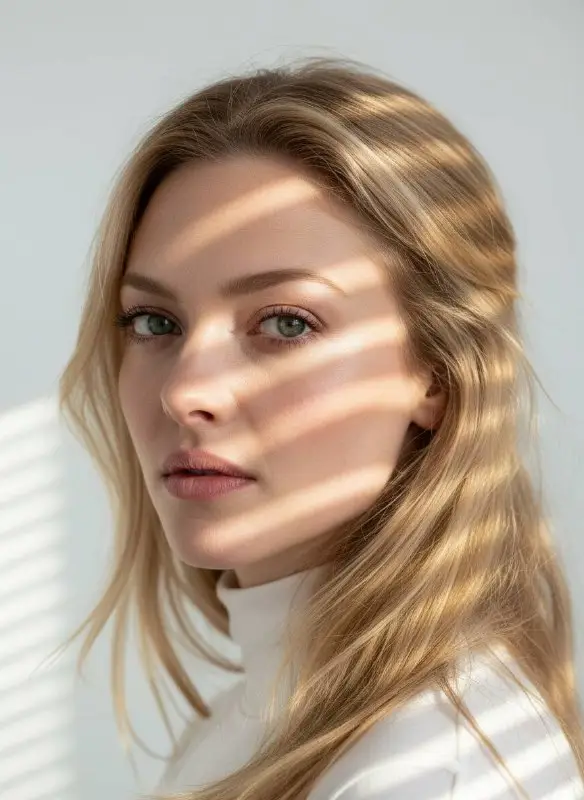 Close-up portrait of blonde woman with window blind shadows