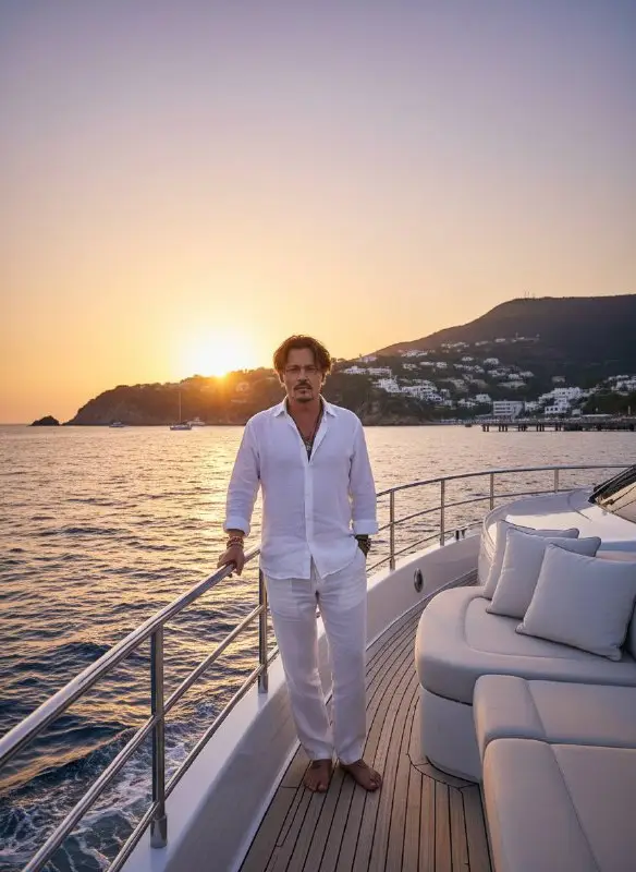 Man in white linen outfit on luxury yacht at sunset