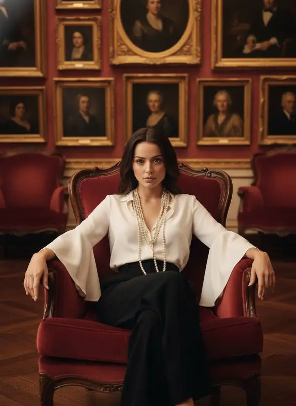 Elegant Woman Sitting in Red Velvet Chair Before Portrait Wall
