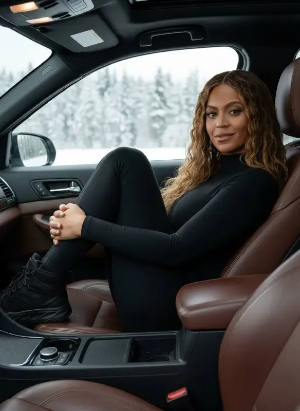 Beautiful woman in black outfit sitting inside car during winter