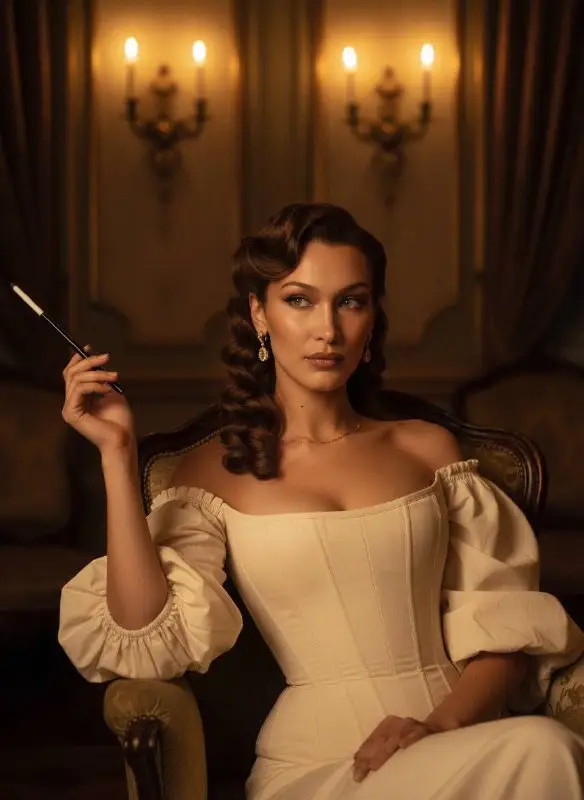 Elegant woman in vintage white dress holding cigarette holder