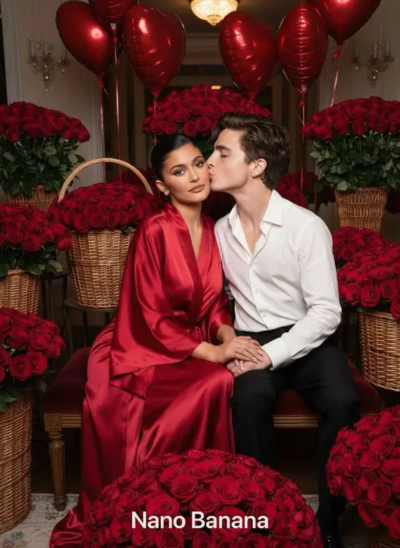 Romantic couple surrounded by red roses and heart balloons
