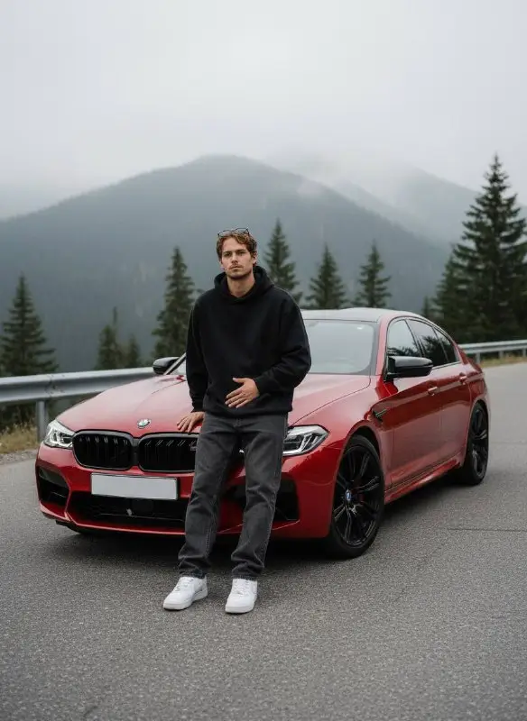Man leaning on red sports car on misty mountain road