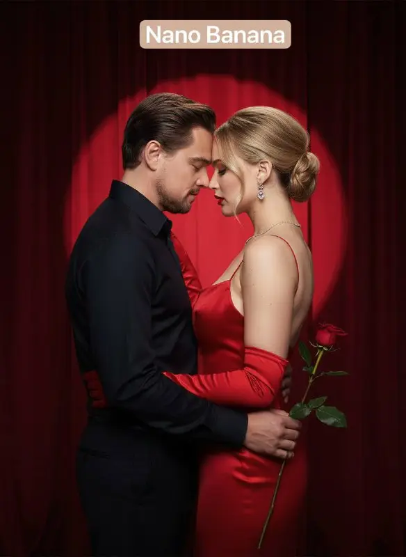 Elegant couple in red and black sharing intimate moment