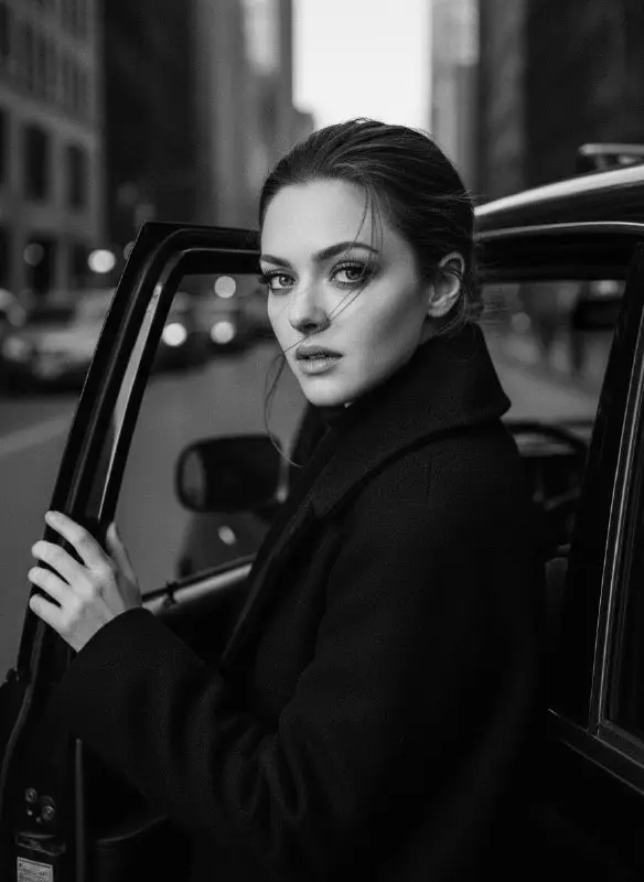 Cinematic black and white street portrait of elegant woman