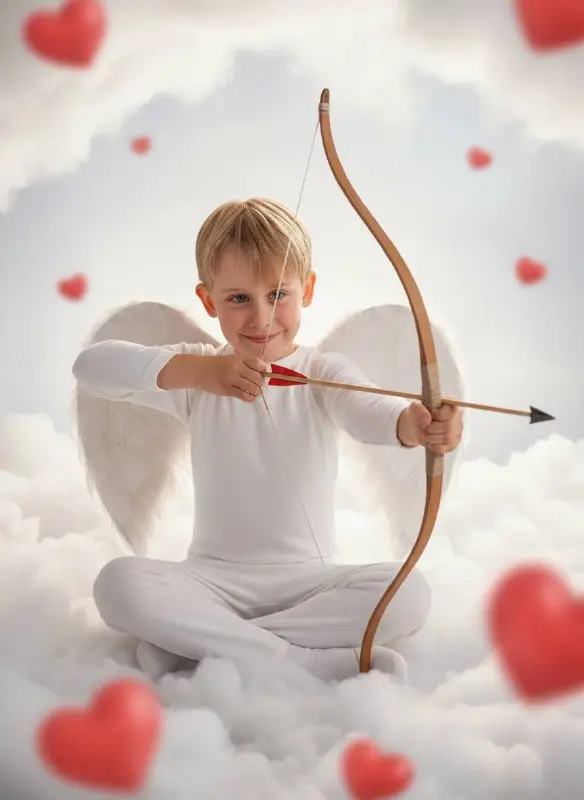 Cute little boy as Cupid angel holding bow and arrow