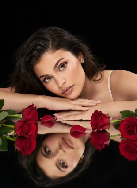 Elegant Young Woman Portrait with Red Roses and Mirror Reflection