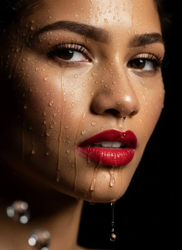 Dramatic beauty portrait with water dripping over red lips