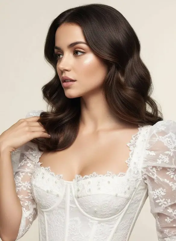 Elegant Brunette Woman in White Lace Corset Dress Portrait