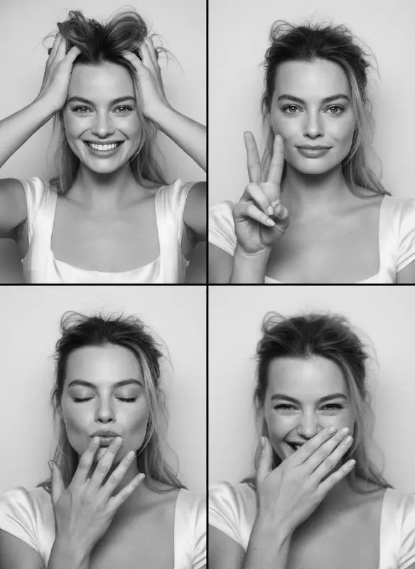 Black and white portrait grid showing various playful facial expressions