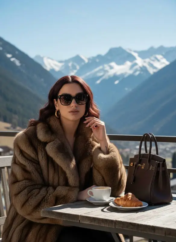 Glamorous woman in fur coat enjoying breakfast in snowy mountains