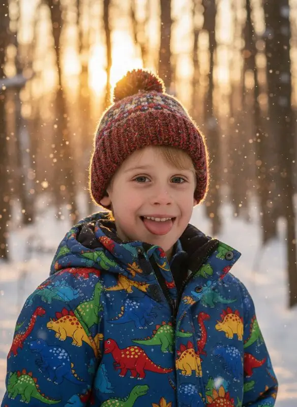 Playful boy sticking tongue out in winter snow forest