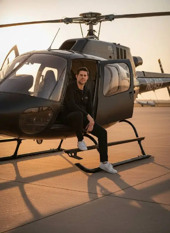 Successful man posing on a black helicopter at sunset