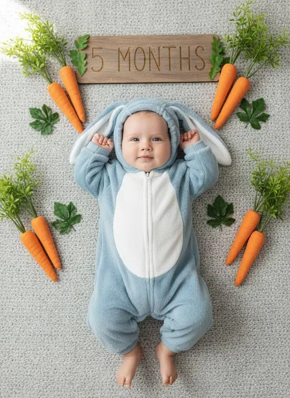 Cute baby in blue bunny suit five month milestone photoshoot