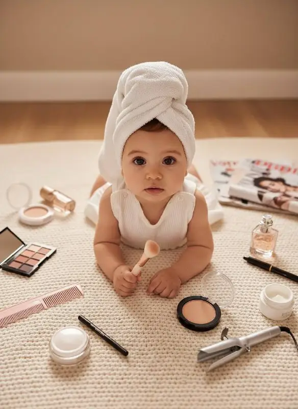 Adorable baby girl with towel turban and beauty products