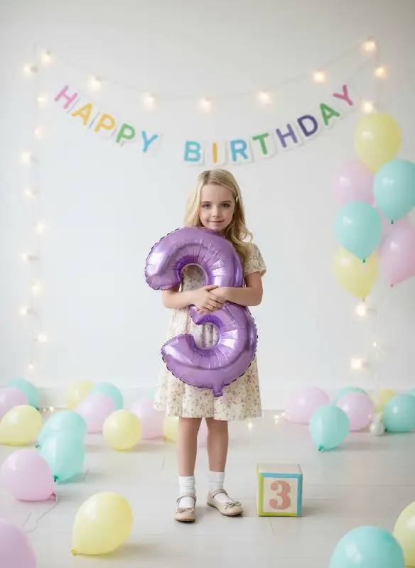 Little girl celebrating third birthday with purple number three balloon